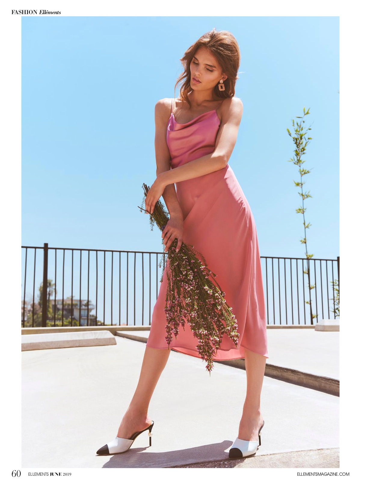 Ellements Magazine, pink satin cowl dress, bouquet, rooftop editorial