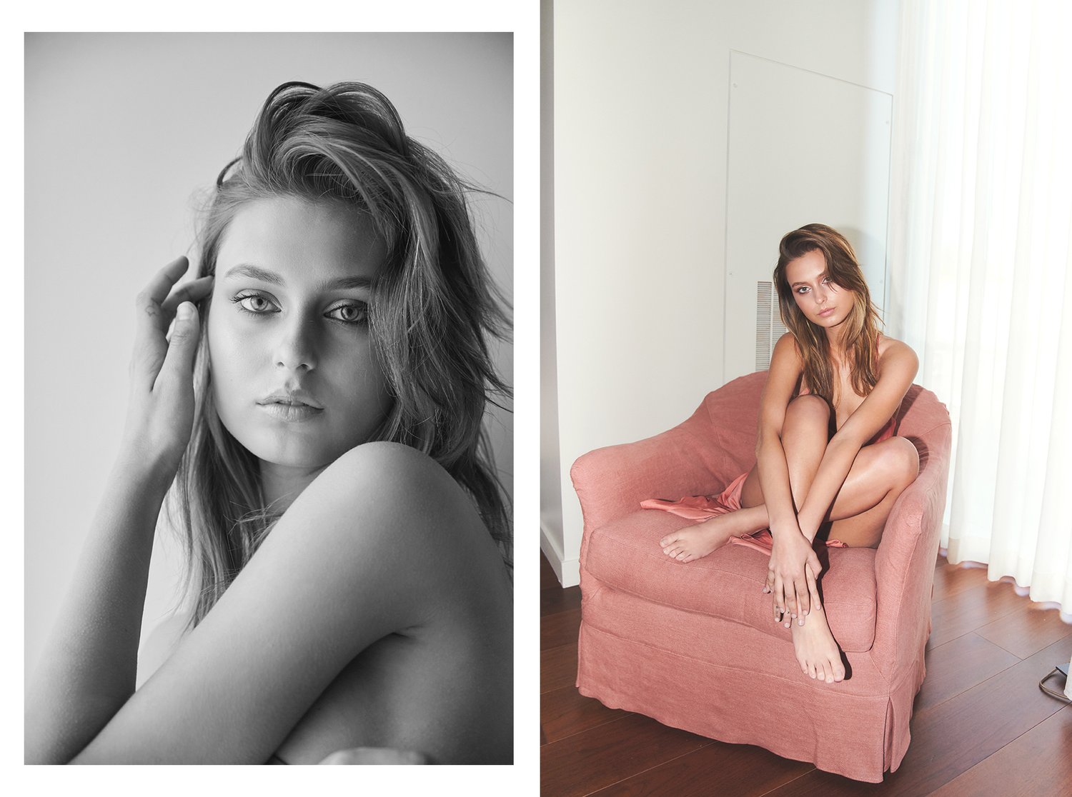 Diptych: black-and-white beauty close-up with tousled hair, color portrait on pink armchair, window light