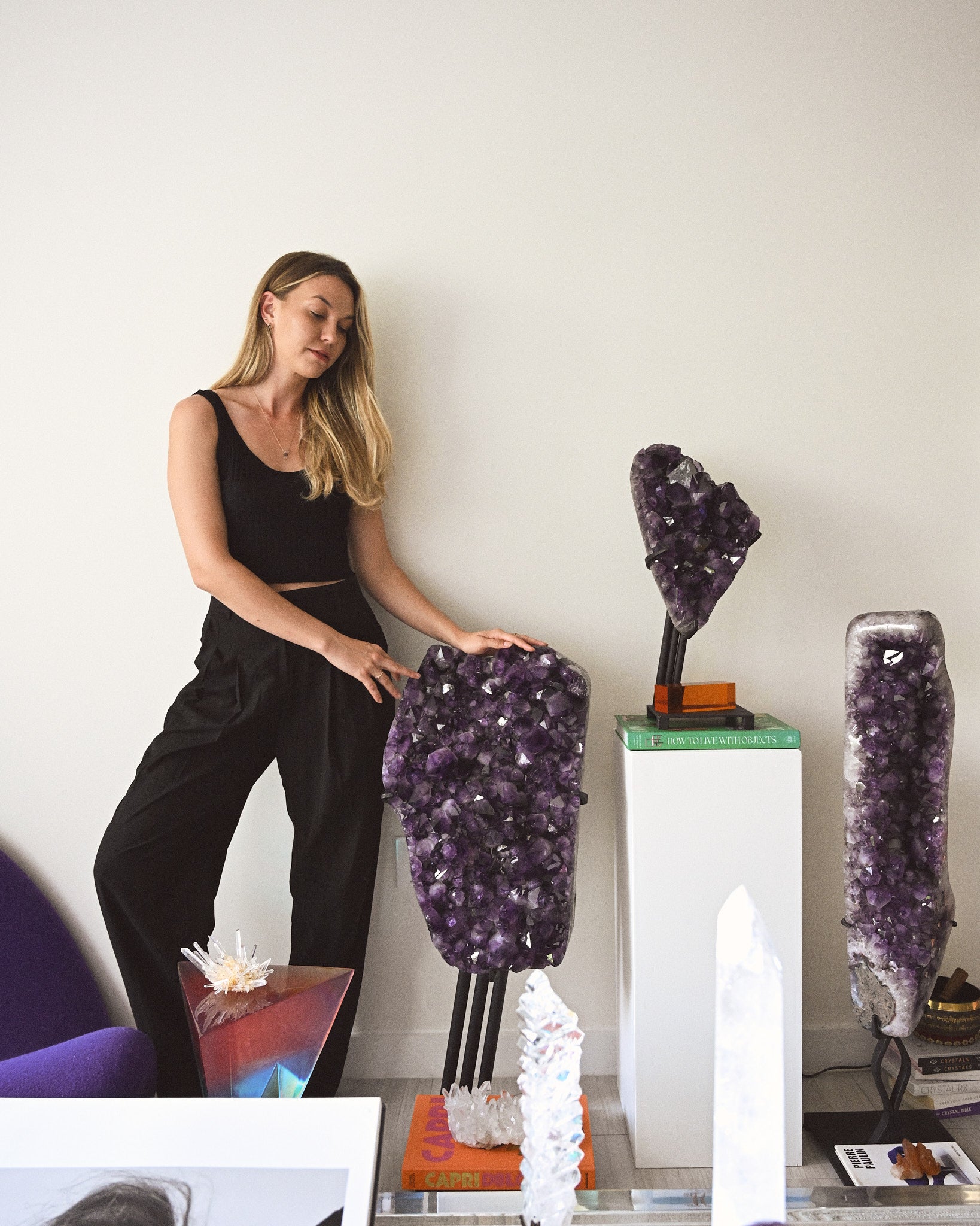 Brittany sourcing museum-quality amethyst specimens in studio