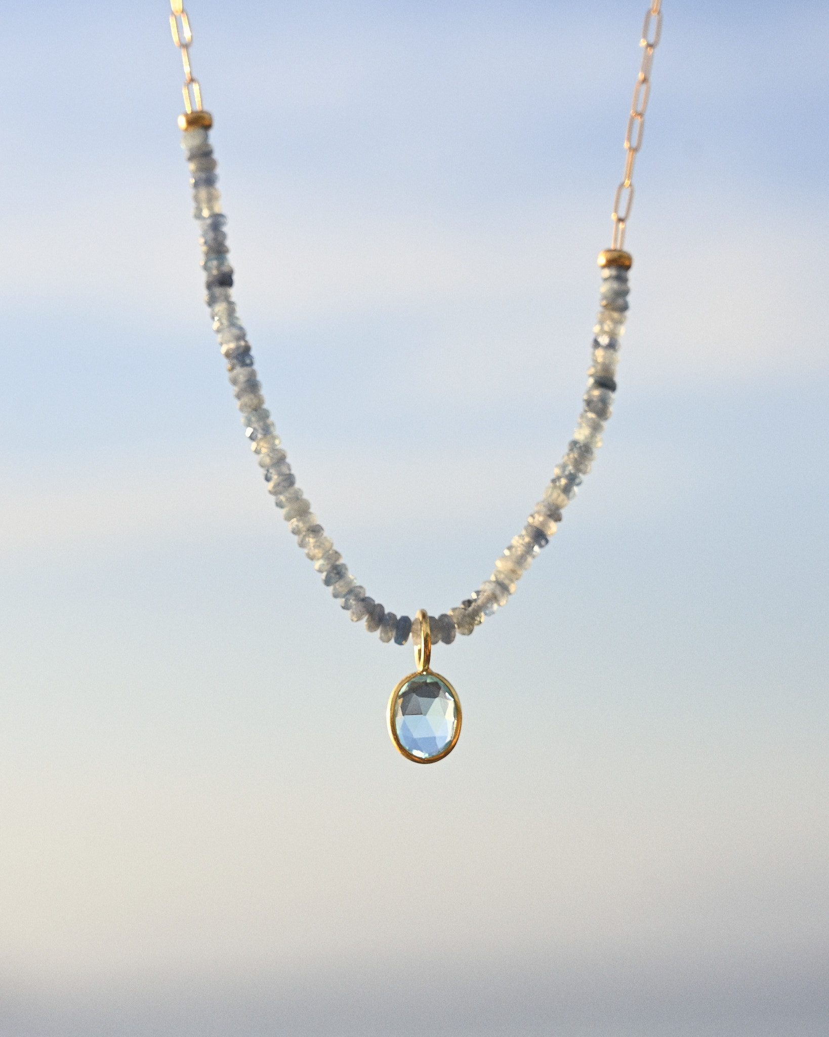 Labradorite necklace against Aegean sky