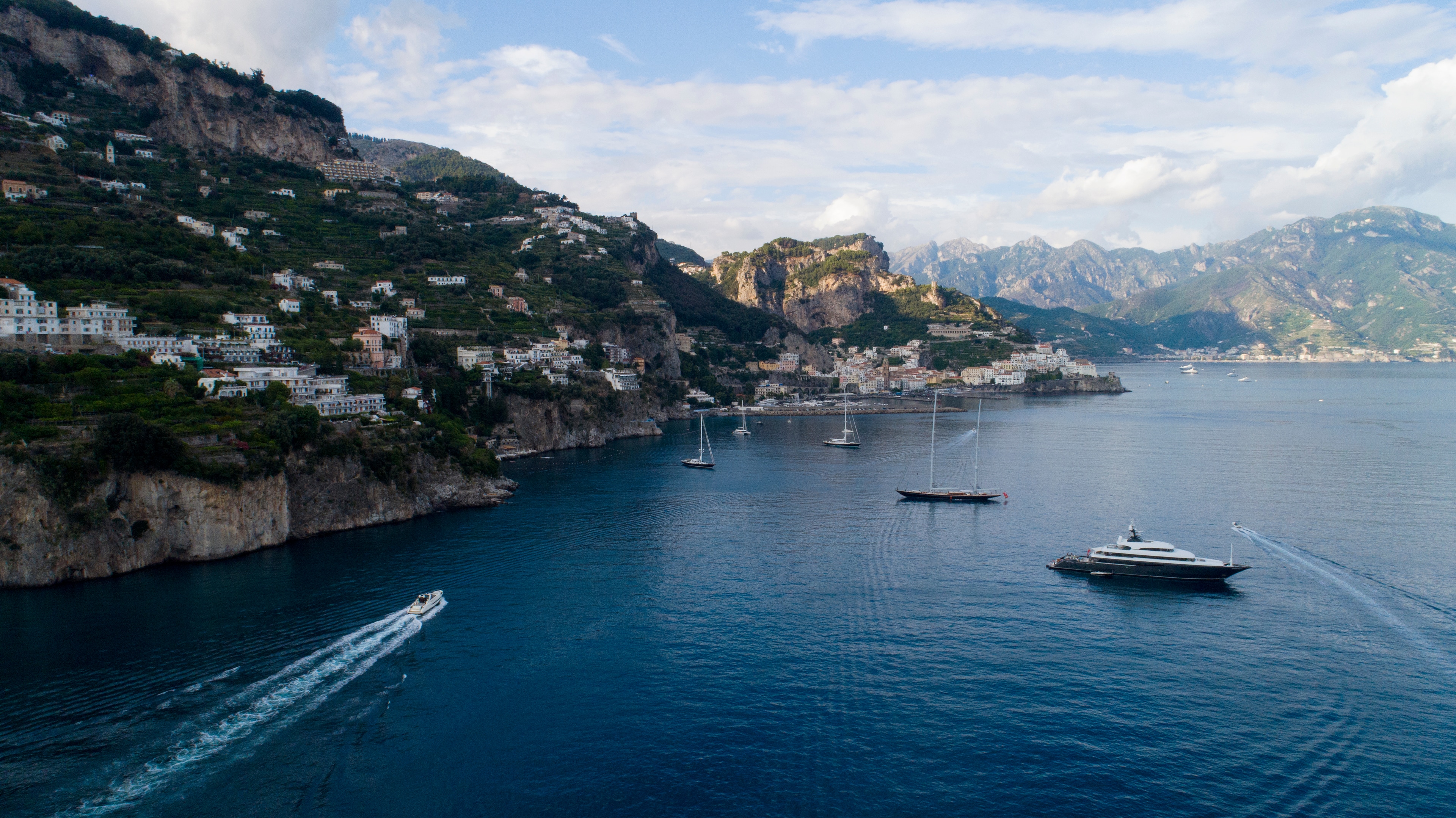 Amalfi Coast aerial, yachts and cerulean water