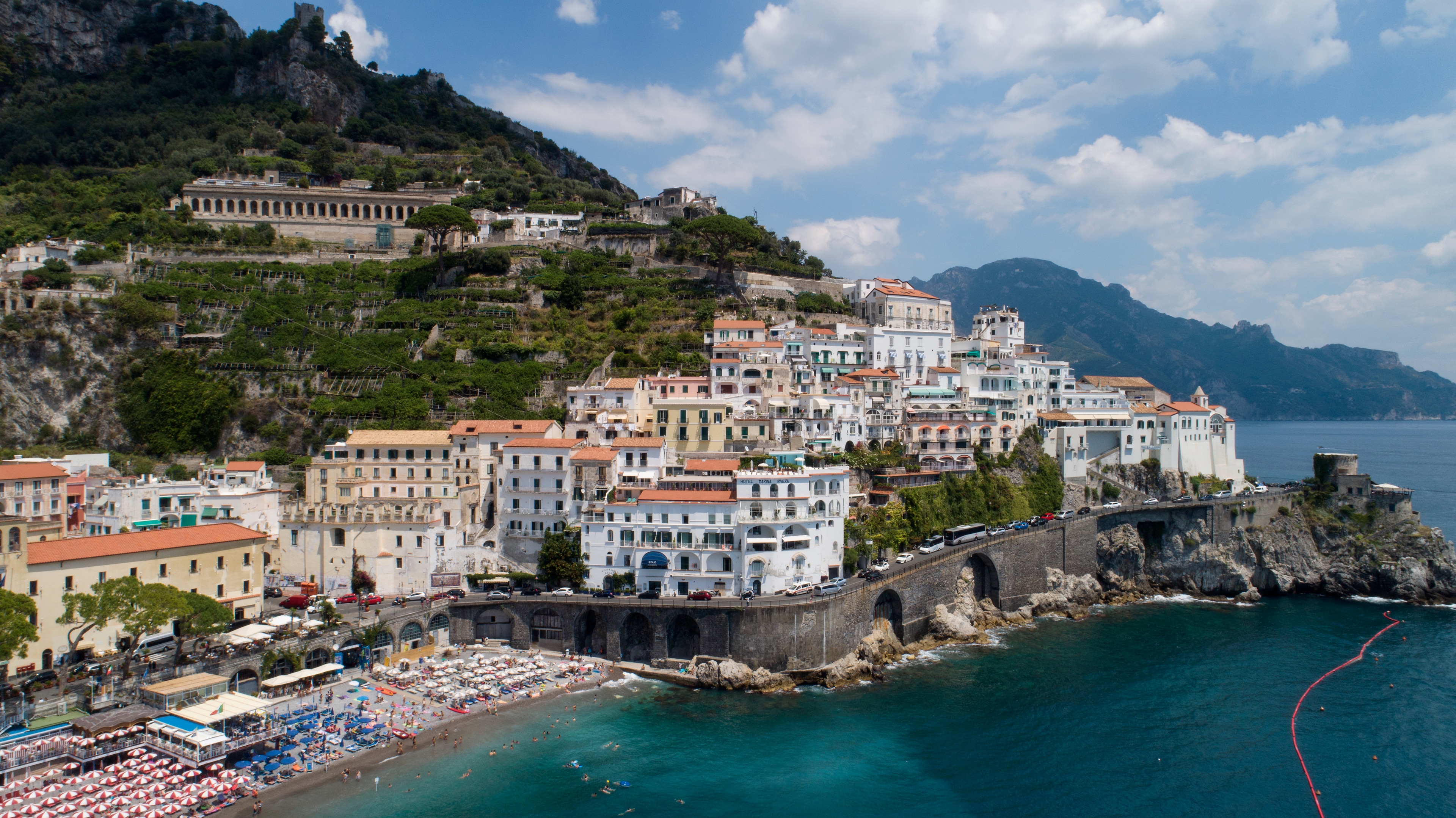 Amalfi town, pastel buildings cascading to the sea