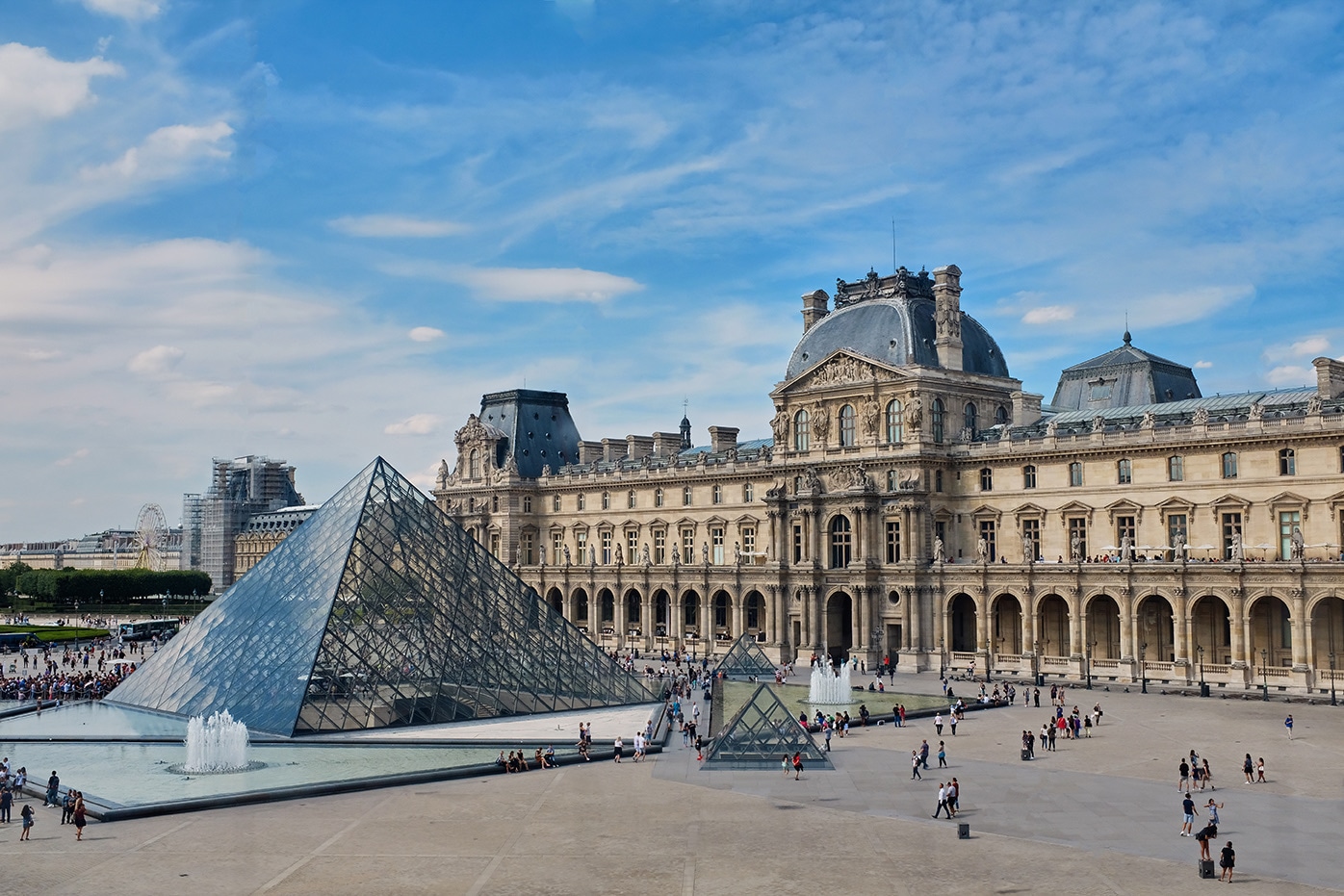 Louvre courtyard grand view, glass pyramid, fountains, Richelieu wing
